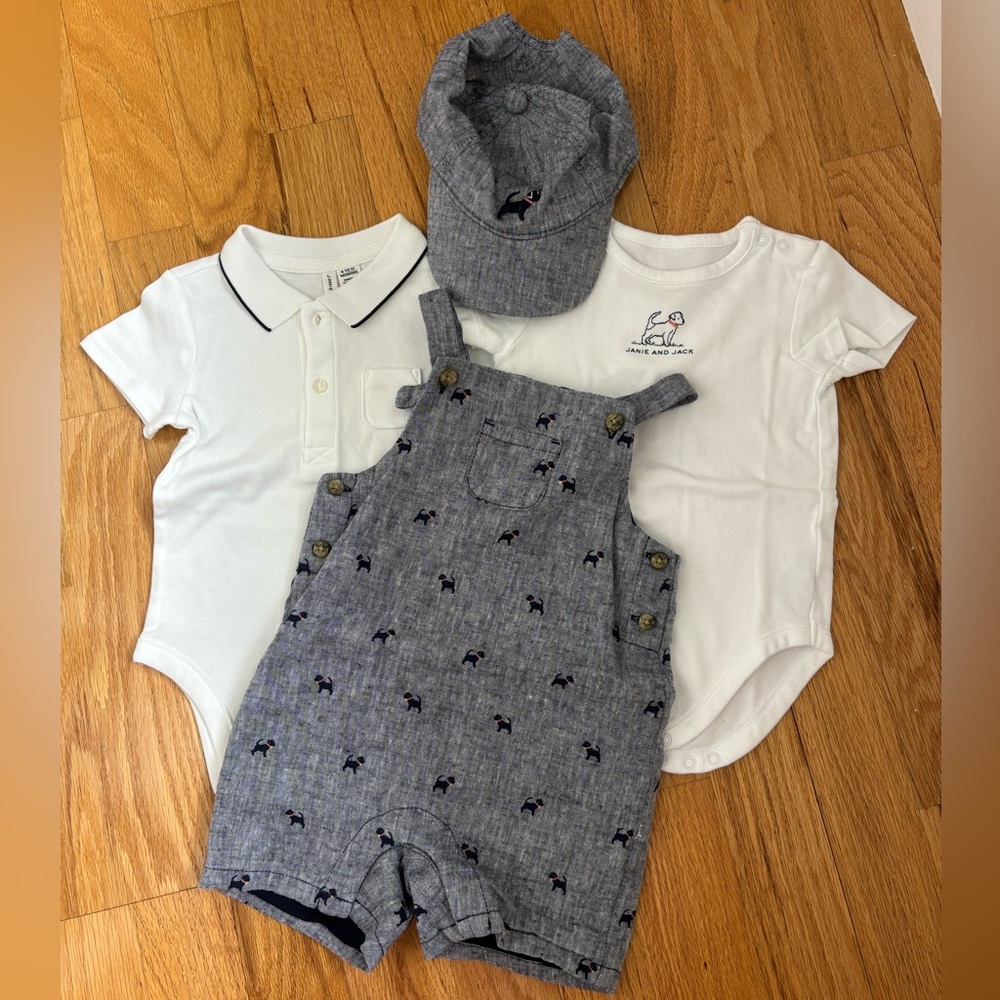 Janie and Jack Bodysuits Puppy Overalls & Cap Set (4 pieces)